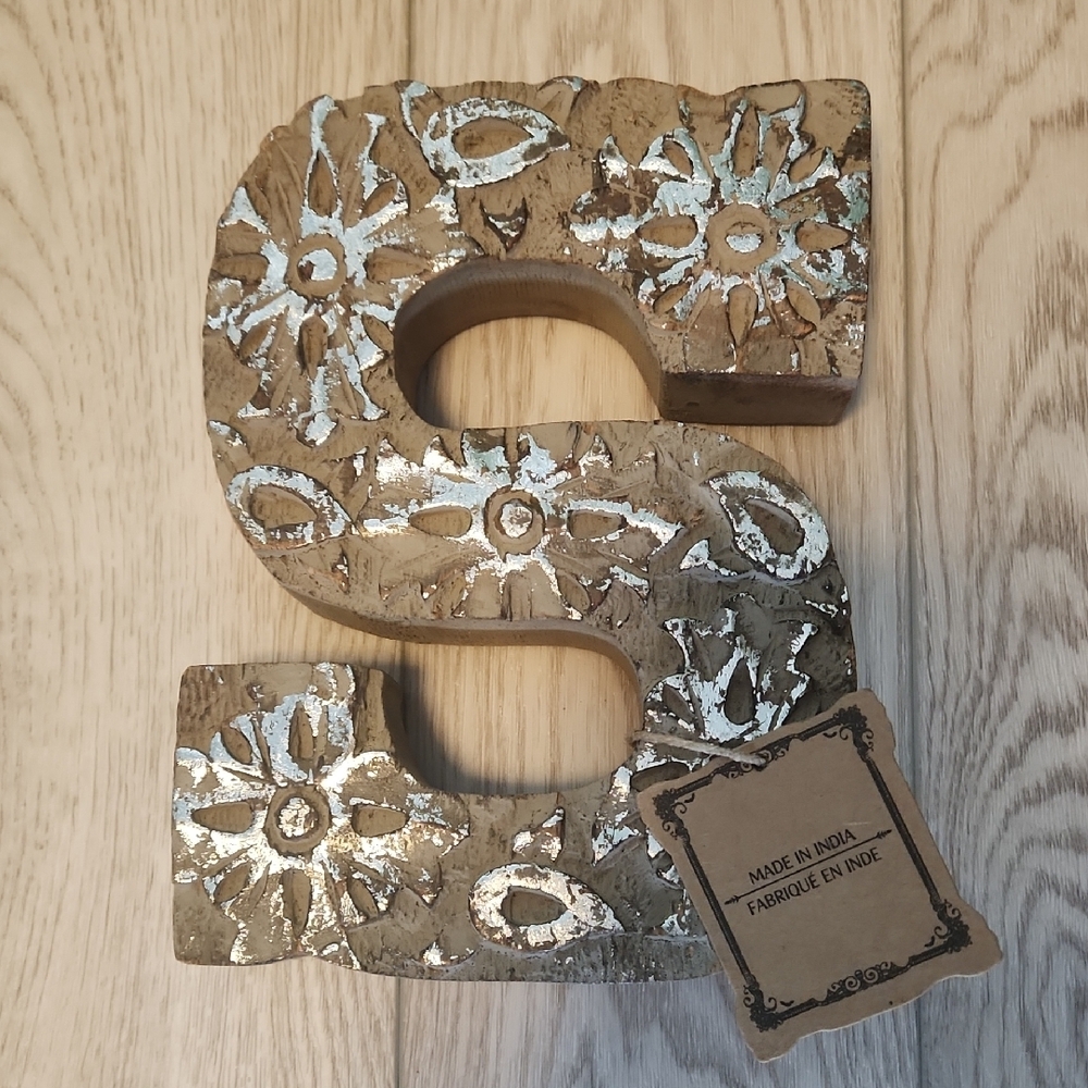 Decorative Wooden Letter S with Silver Accents